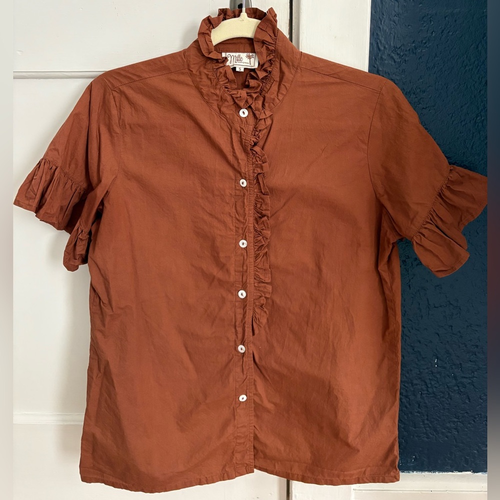 MILLE Vanessa Ruffle Blouse Brown Cotton Women's Sz S Coquette